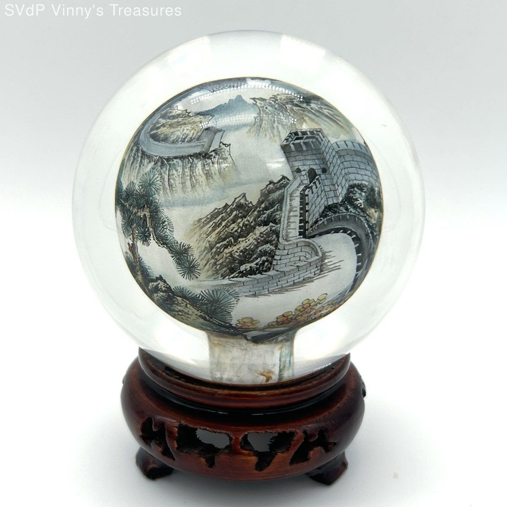 Art Glass Sphere Great Wall of China Inside Painted Crystal Paperweight 3.5"